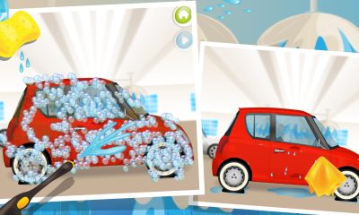 A kids mobile game showing car washing with soap and water