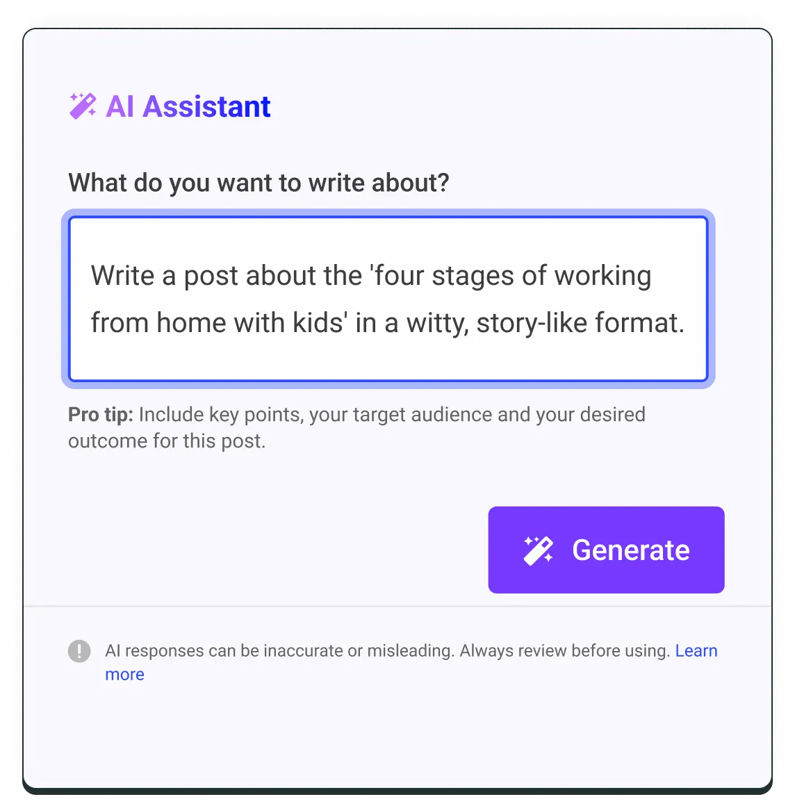 Buffer AI Assistant social media post generator met een teksteditor en tips voor prompts.