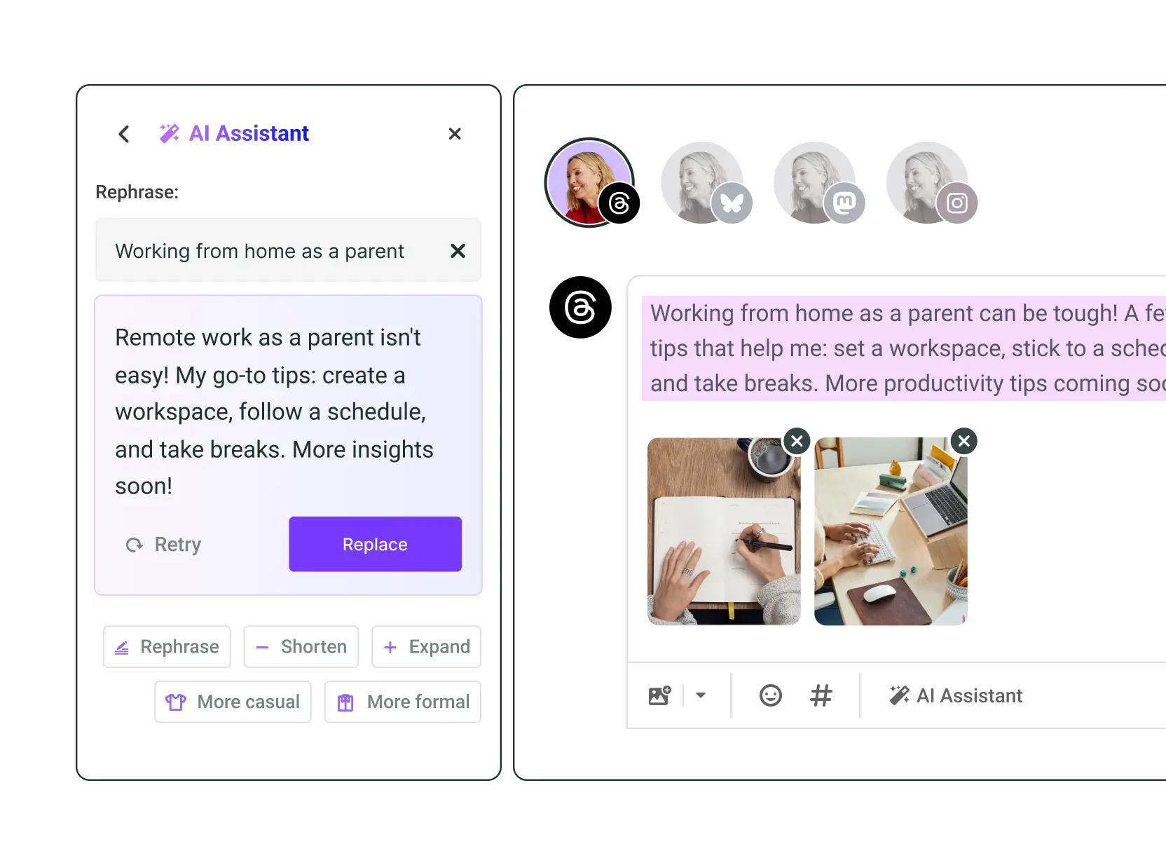 Buffer AI Assistant social media post generator met opties om content te genereren, te herformuleren, in te korten, uit te breiden of te verfijnen met een meer casual of meer formele toon.