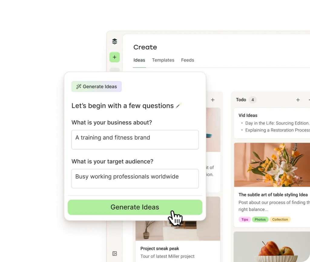 Buffer AI Assistant mit Textgenerierung und Optionen zum Umformulieren, Kürzen, Erweitern sowie für einen lockereren oder formelleren Ton.