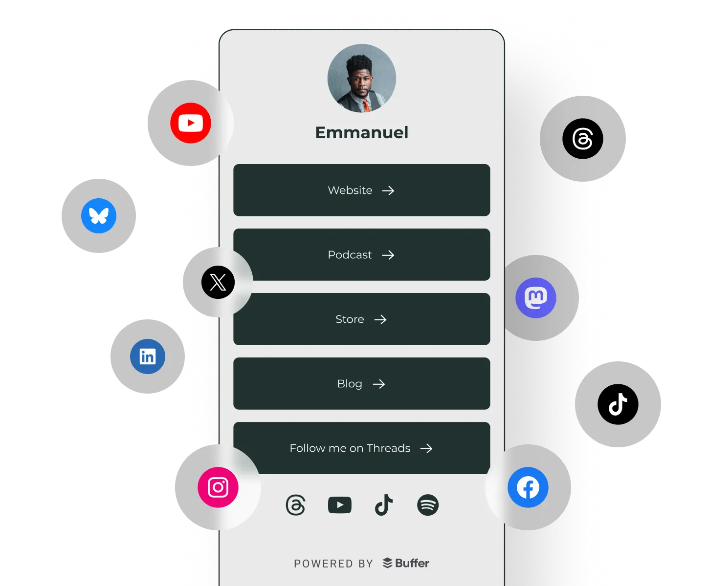 Profilo Start Page di Buffer con link a un sito web personale, un podcast, uno store, un blog e i canali social.