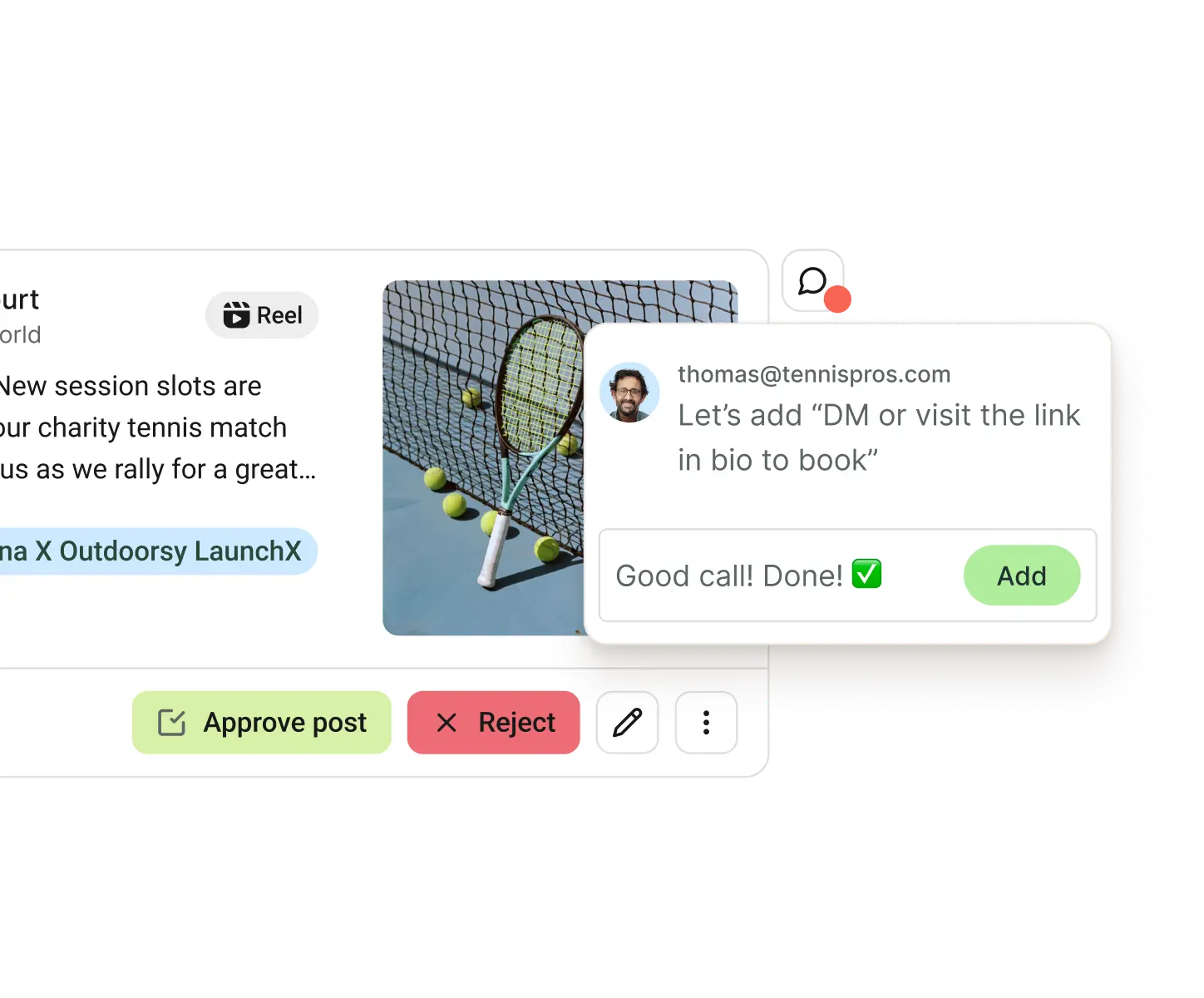 Collaborate-Ansicht in Buffer mit Feedback-Threads zu Posts und Freigabe-Workflows.