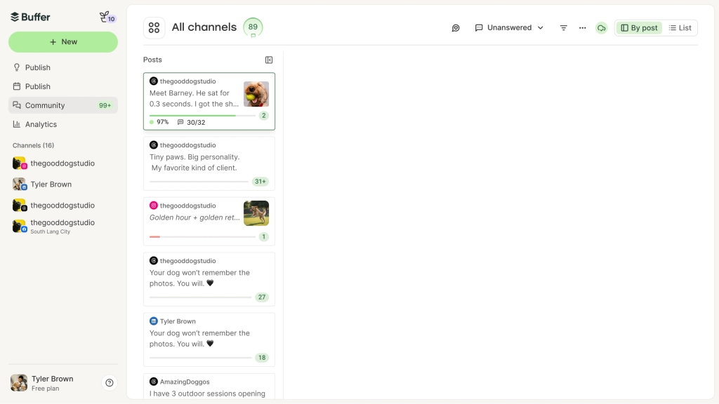 Buffer Community scherm met reacties per social media kanaal, sortering en filters voor reacties, en statistieken voor de reactiescore.