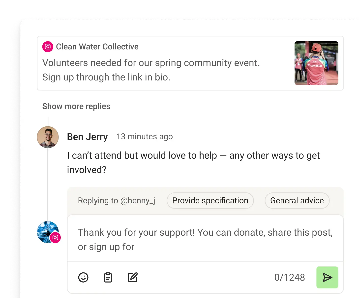 Ansicht von Buffer Community mit aktuellen Kommentaren, vorgeschlagenen Antworten und Metriken zum Kommentar-Score.