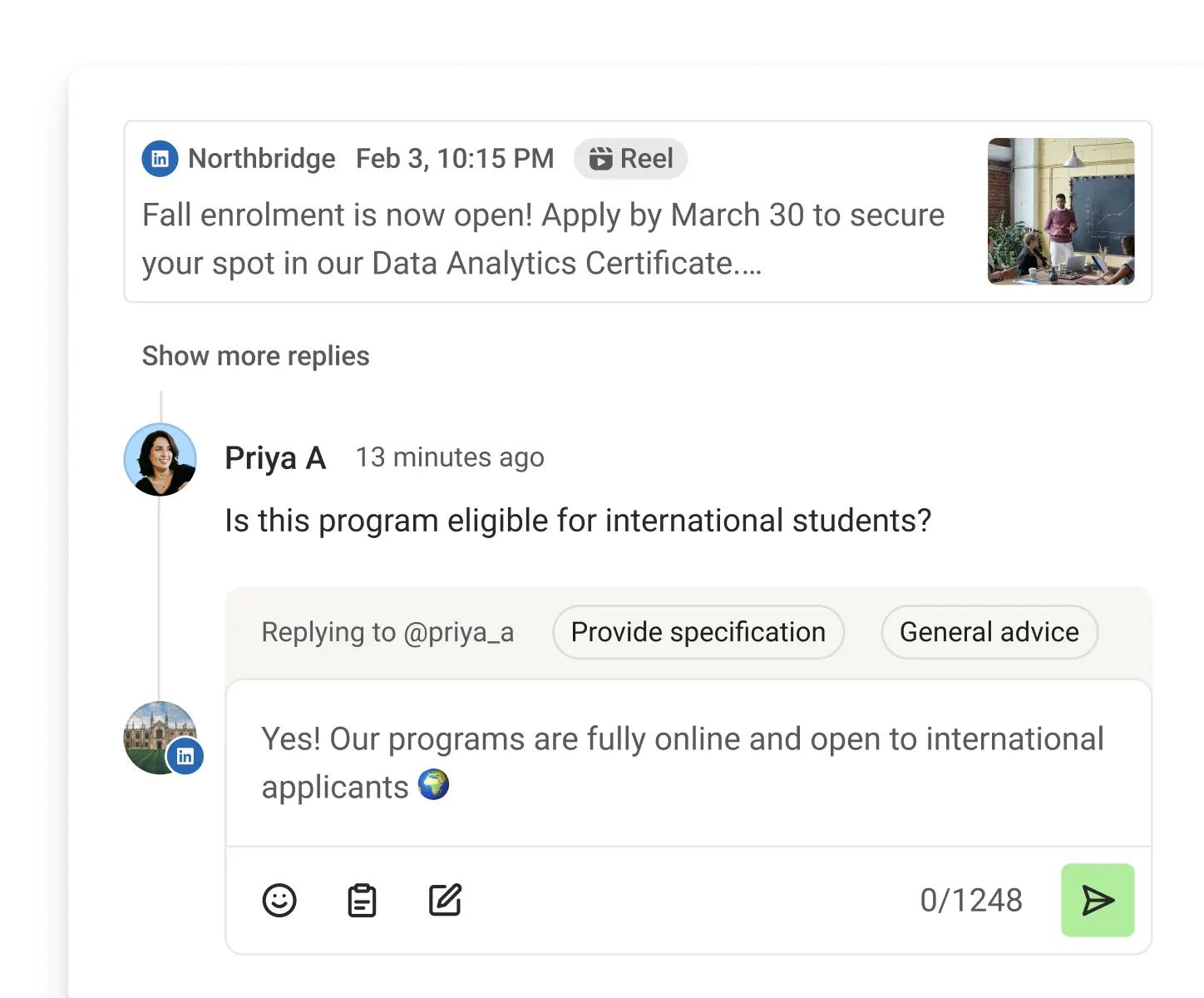 Vista Community di Buffer con i commenti recenti, le risposte suggerite e le metriche di punteggio dei commenti.