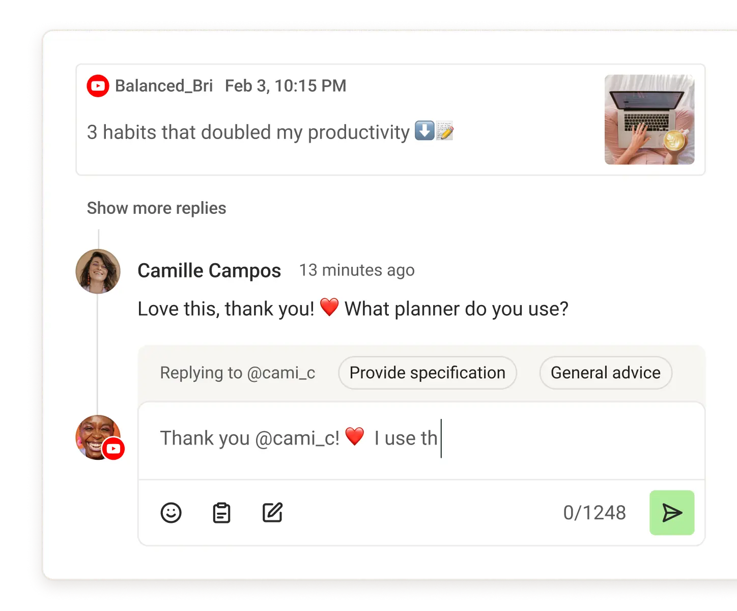 Vista Community di Buffer con i commenti recenti, le risposte suggerite e le metriche del punteggio dei commenti.