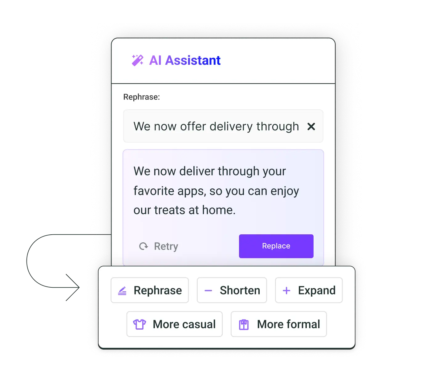 Buffer AI Assistant social media post generator met opties om te herformuleren, in te korten, uit te breiden of te verfijnen met een meer casual of meer formele toon.