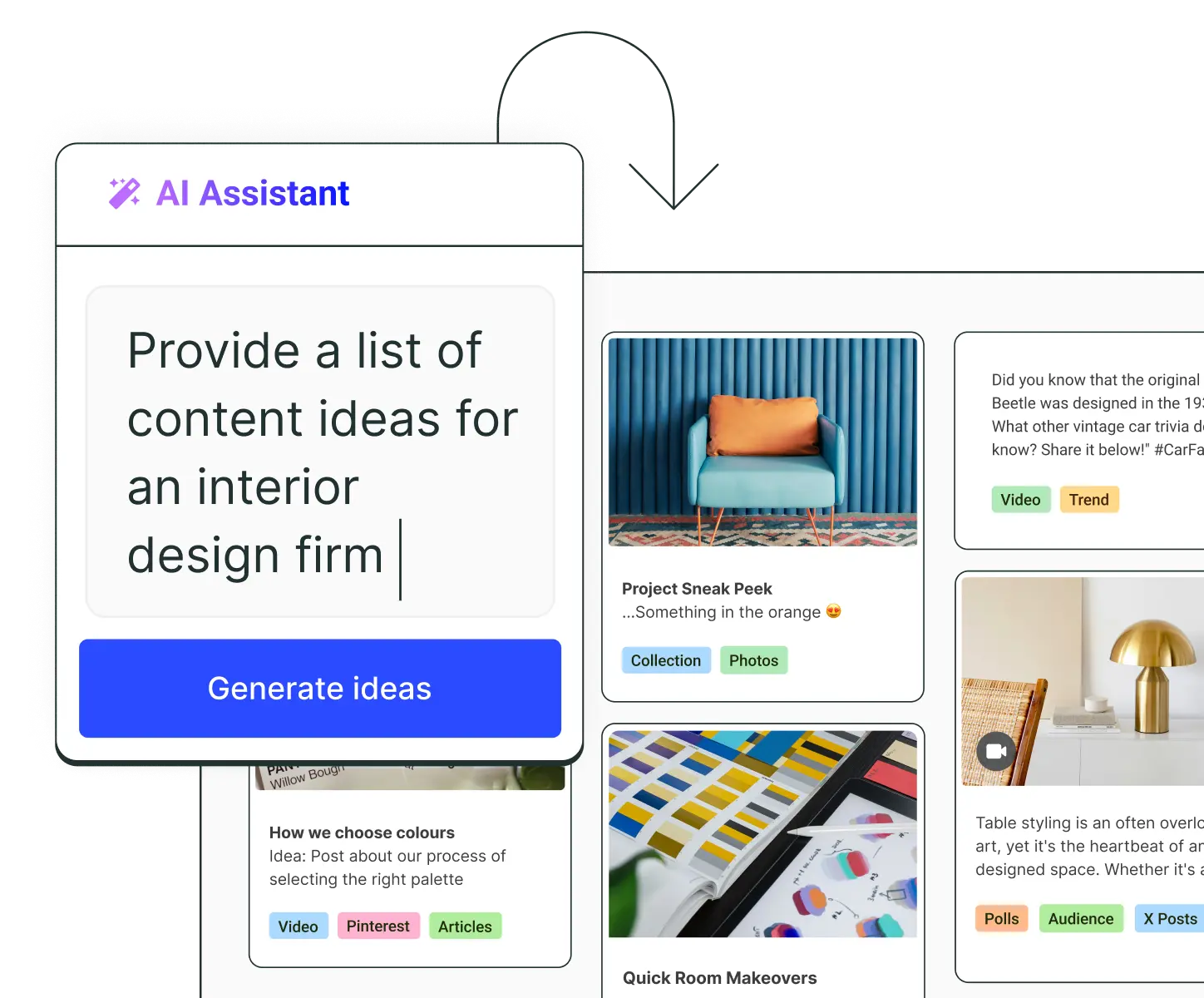 Buffer idee-board met een AI Assistant om nieuwe post-ideeën te genereren.