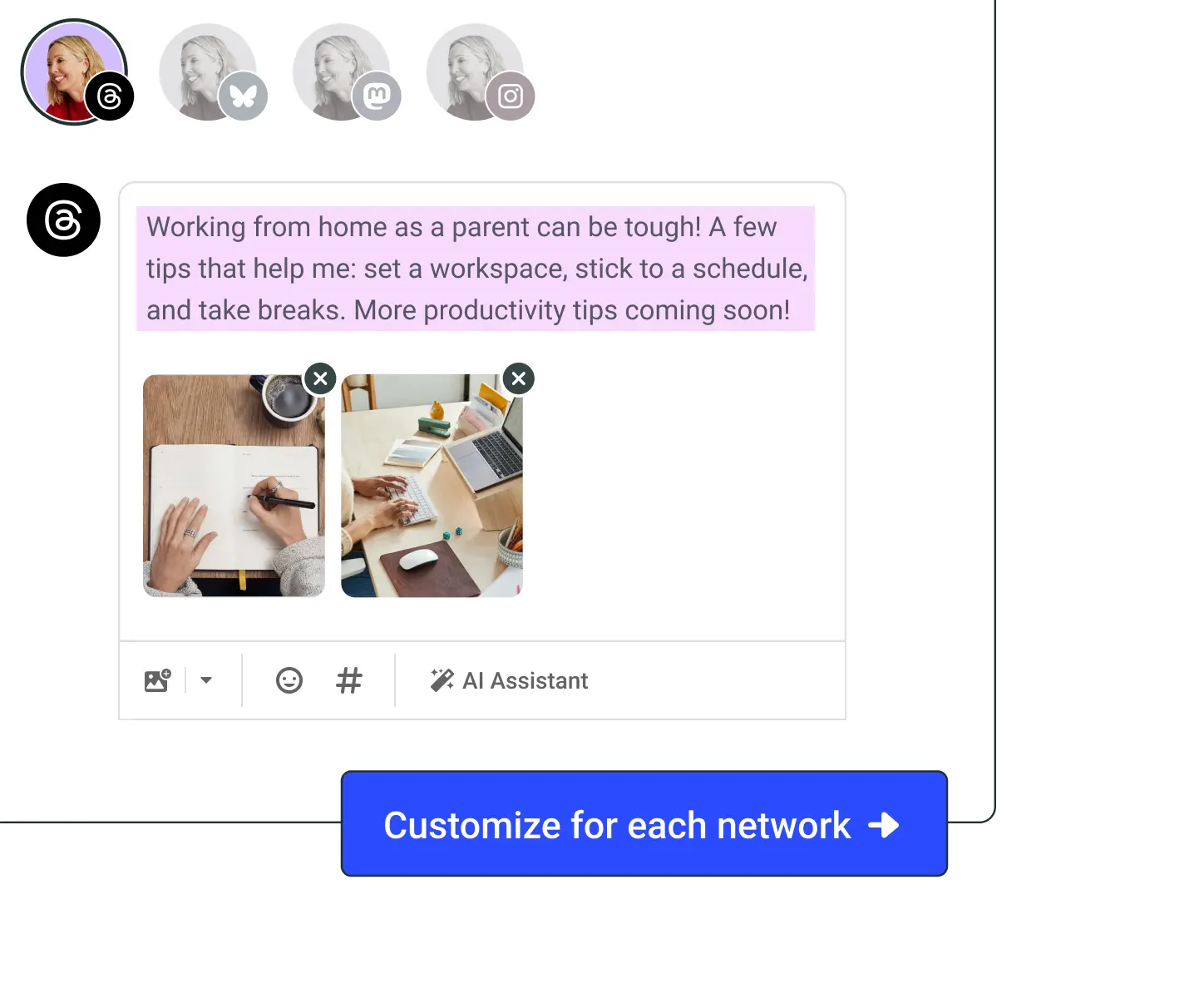 Buffer post composer met een AI Assistant-optie om de post aan te passen voor elk social media netwerk.