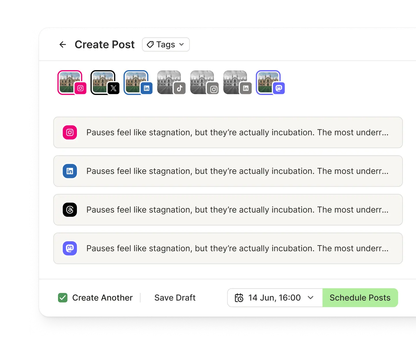 Vista Create di Buffer con gli editor dei post per ogni piattaforma social.
