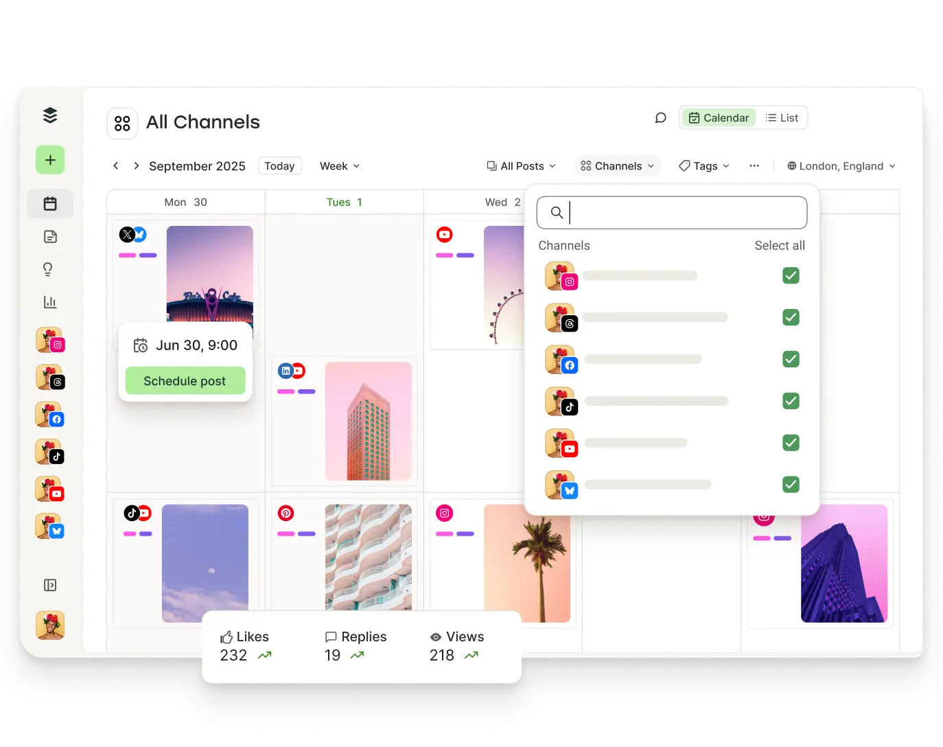 Vista calendario di Buffer con i post in programma e i filtri per canali, tag e altro ancora.