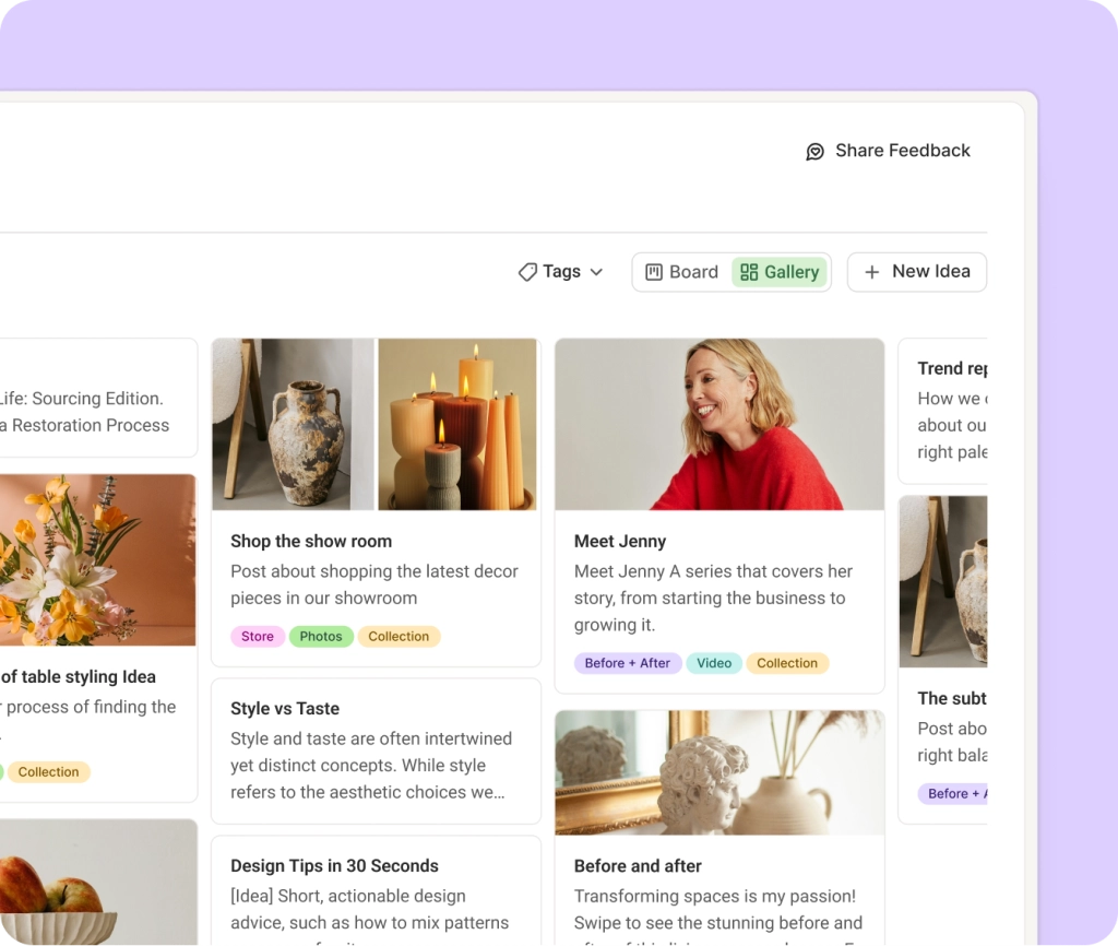 Buffer Create space met Facebook post ideeën in kolommen per categorie.