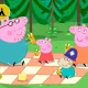 Pig family enjoying a picnic outdoors