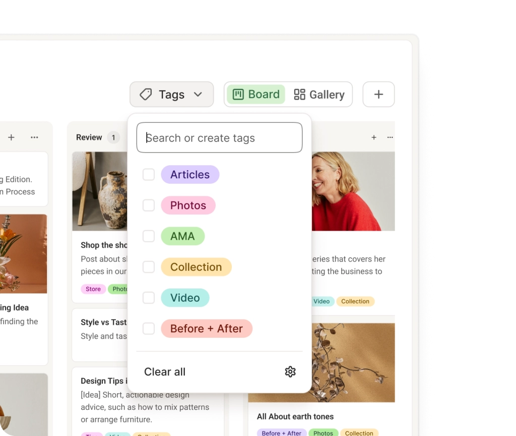 Spazio Create di Buffer con una vista board per organizzare le idee di contenuti.
