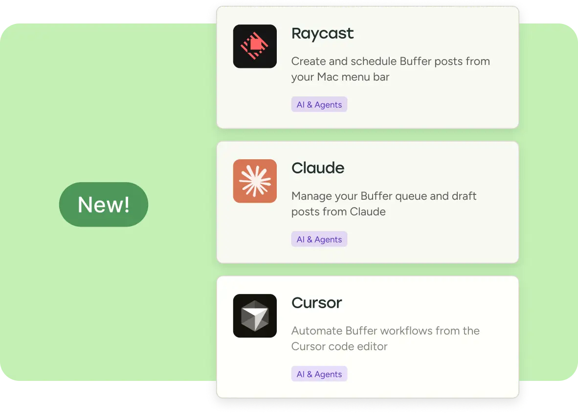 Card di integrazione che mostrano Raycast, Claude e Cursor