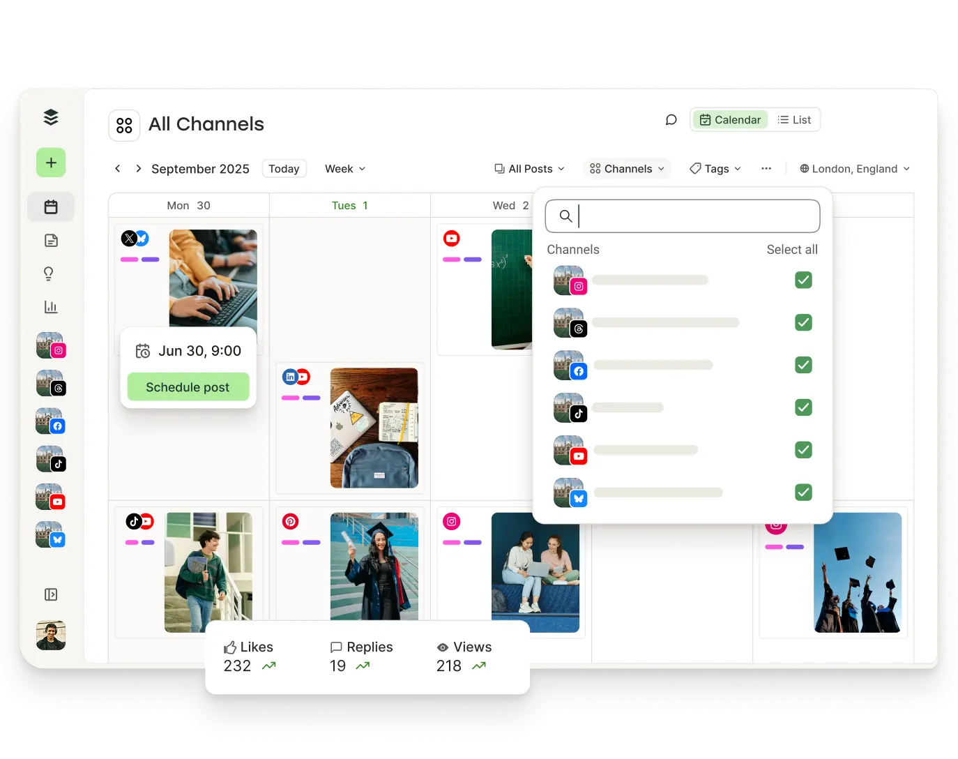 Vista calendario di Buffer con i post in programma e i filtri per canali, tag e altro.
