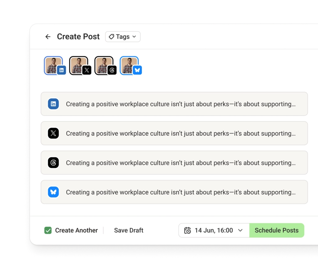 Una schermata di creazione di un post LinkedIn con le opzioni per pubblicare anche su altri social aggiungendoli a una coda di pubblicazione.