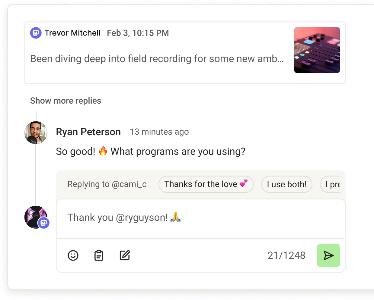 Buffer Community-scherm voor het beantwoorden van reacties met de optie om een post te maken vanuit mijn reactie.