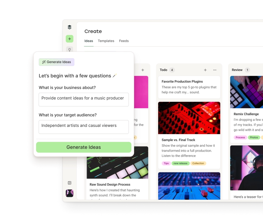 Buffer Create-ruimte met Mastodon-post-ideeën in kolommen per categorie en een AI-assistent om ideeën te genereren.