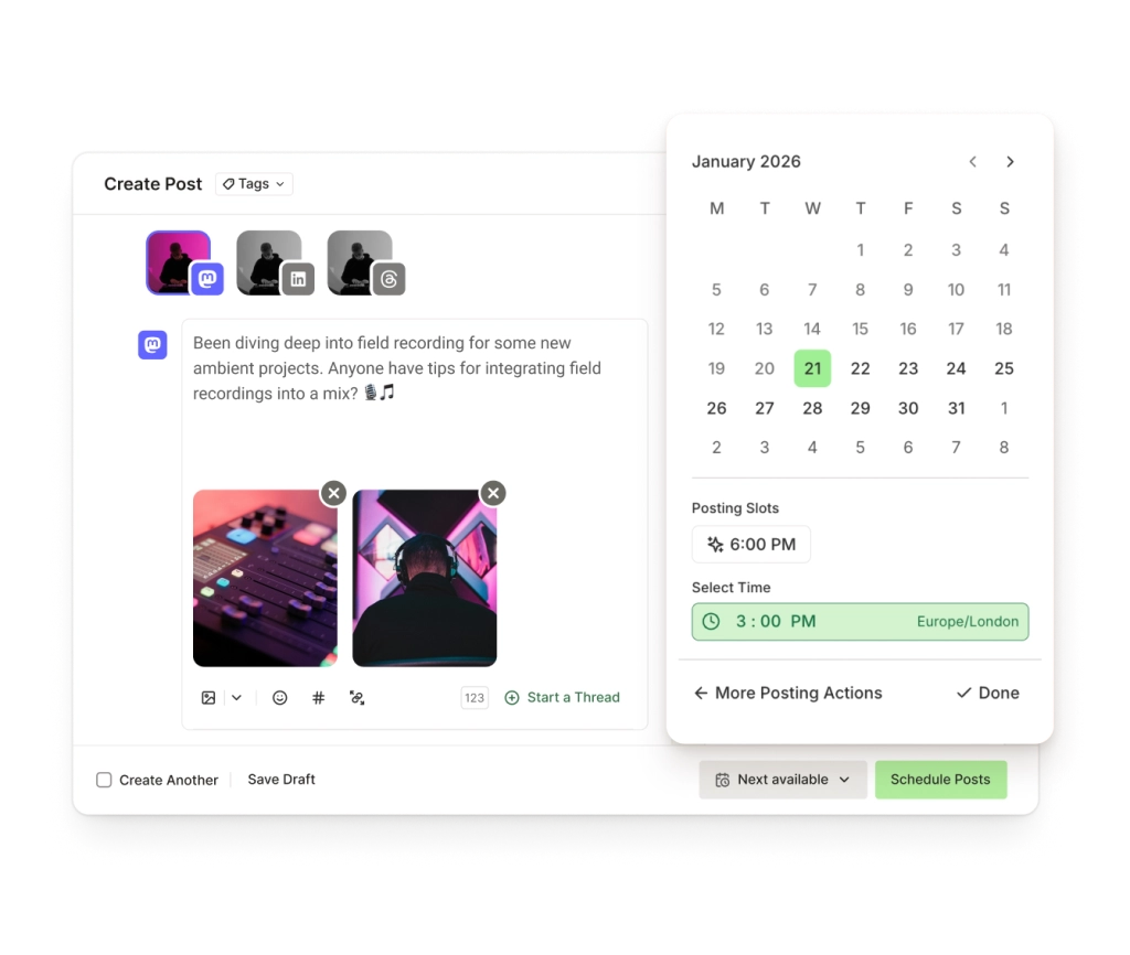 Buffer Mastodon-posteditor met een teksteditor, afbeeldingsbijlagen en planningsopties.
