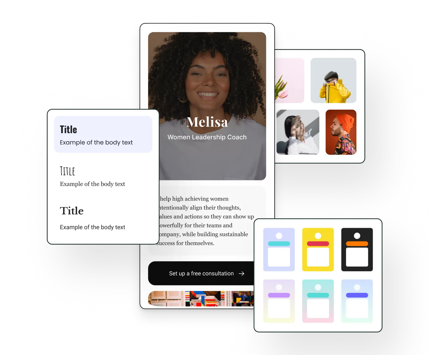 Editor della Start Page di Buffer con testo, stili tipografici, temi di colore del profilo e opzioni di modifica della griglia di immagini.