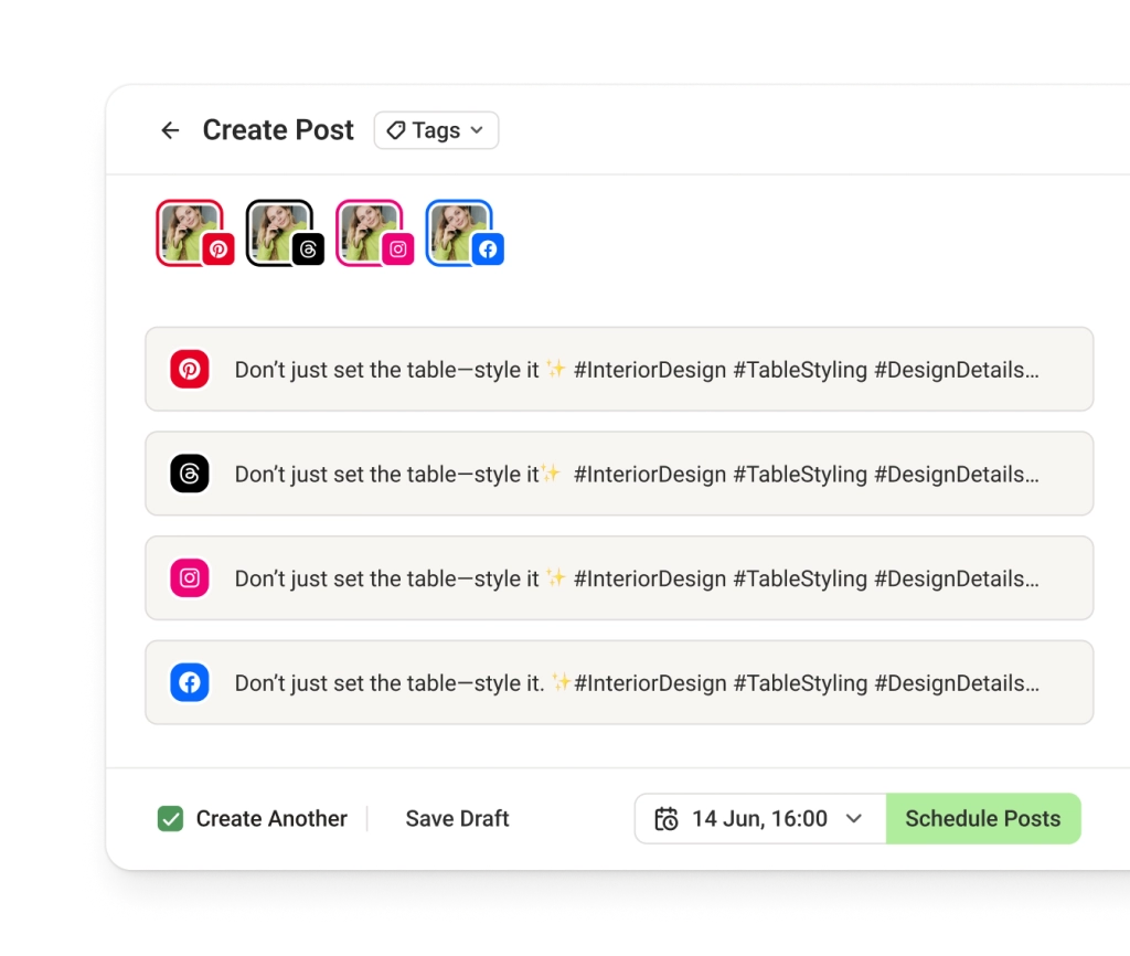 La schermata Crosspost di Buffer con editor di testo dedicati per più canali social, incluso Pinterest.