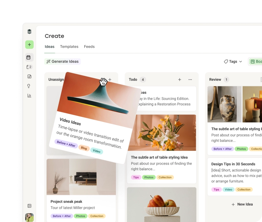 Lo spazio Create di Buffer con colonne kanban per i post suddivisi per categoria e un AI Assistant per generare idee.