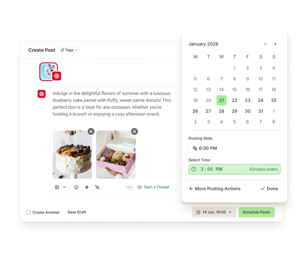 La schermata Create di Buffer per Pinterest con un editor di testo, allegato immagine e controlli per programmare il post.