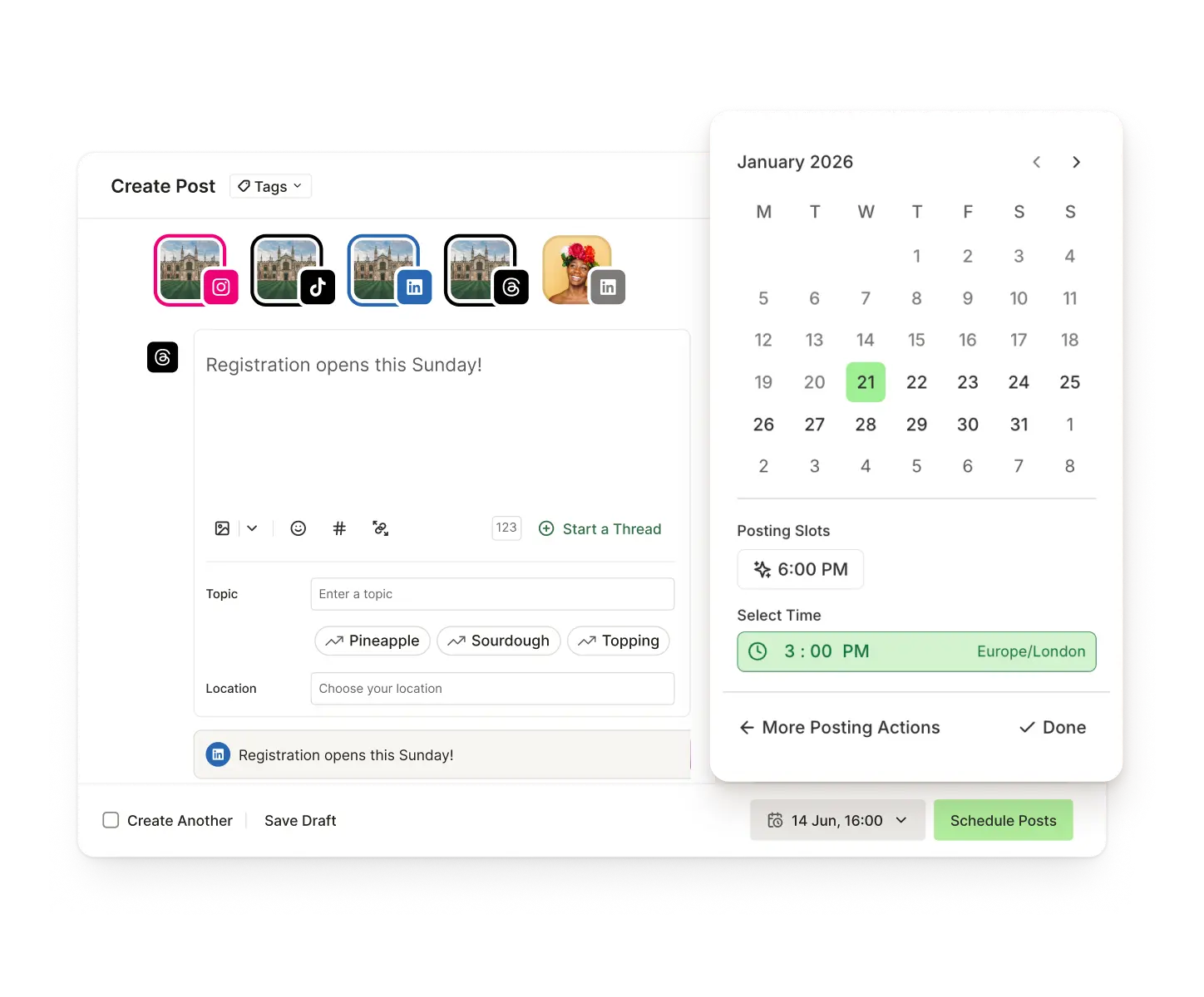 Vista Publish di Buffer con la programmazione della pubblicazione a una data e a un'ora future.