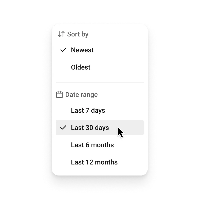 Buffer Community menu voor het filteren en sorteren van reacties met opties voor sorteren op nieuwste en oudste en filters voor datumbereik.