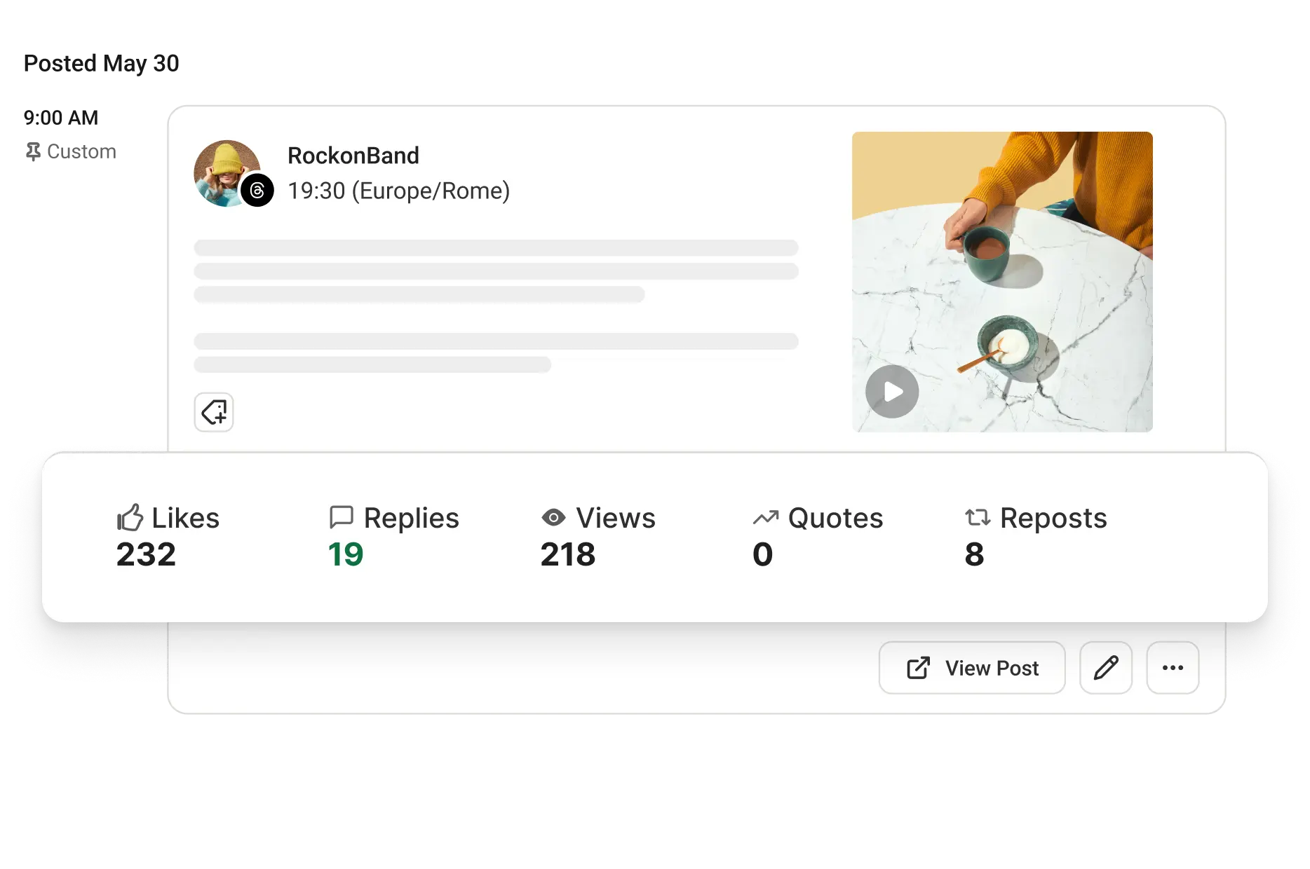 Buffer Threads-analytics met likes, reacties, weergaven, quotes en reposts.