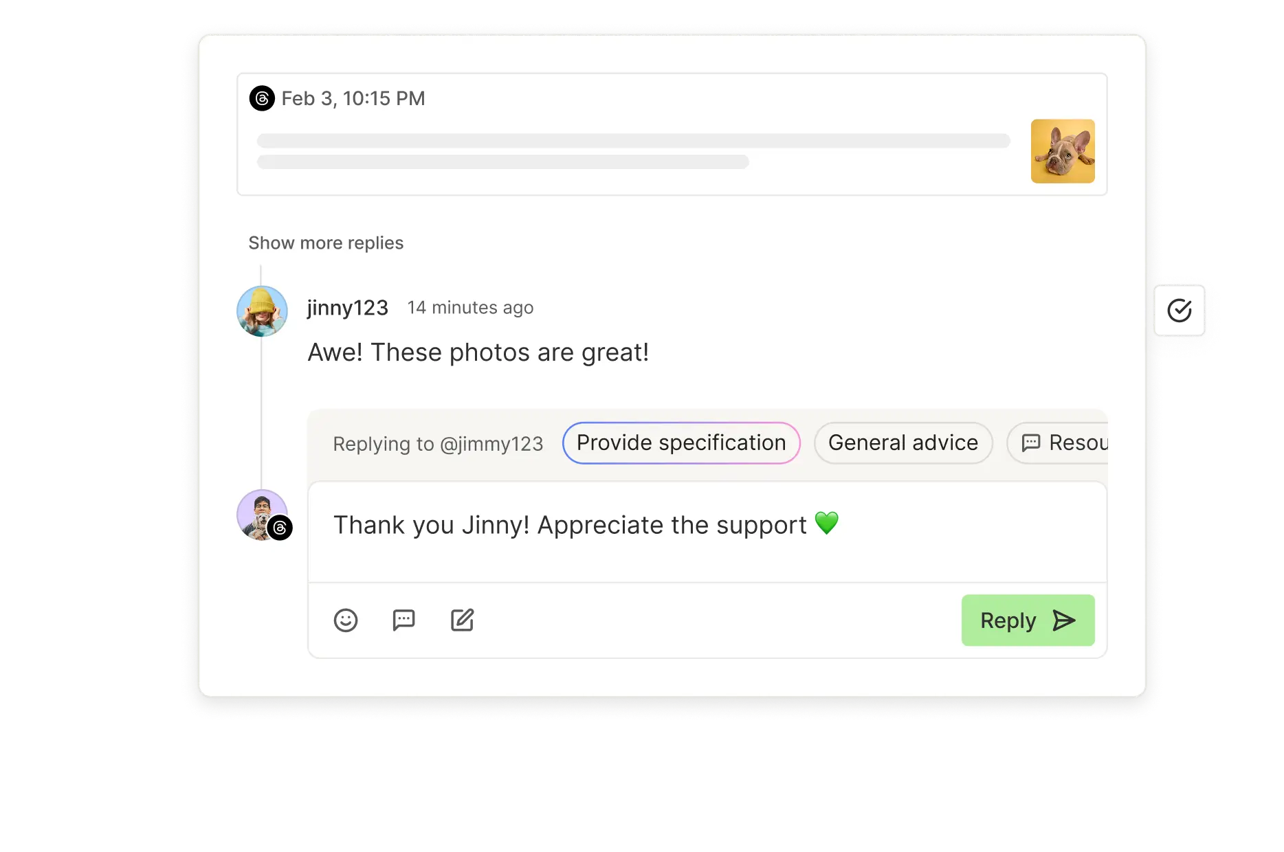 Buffer Threads community-engagementweergave met recente reacties, voorgestelde antwoorden en een communityscore.