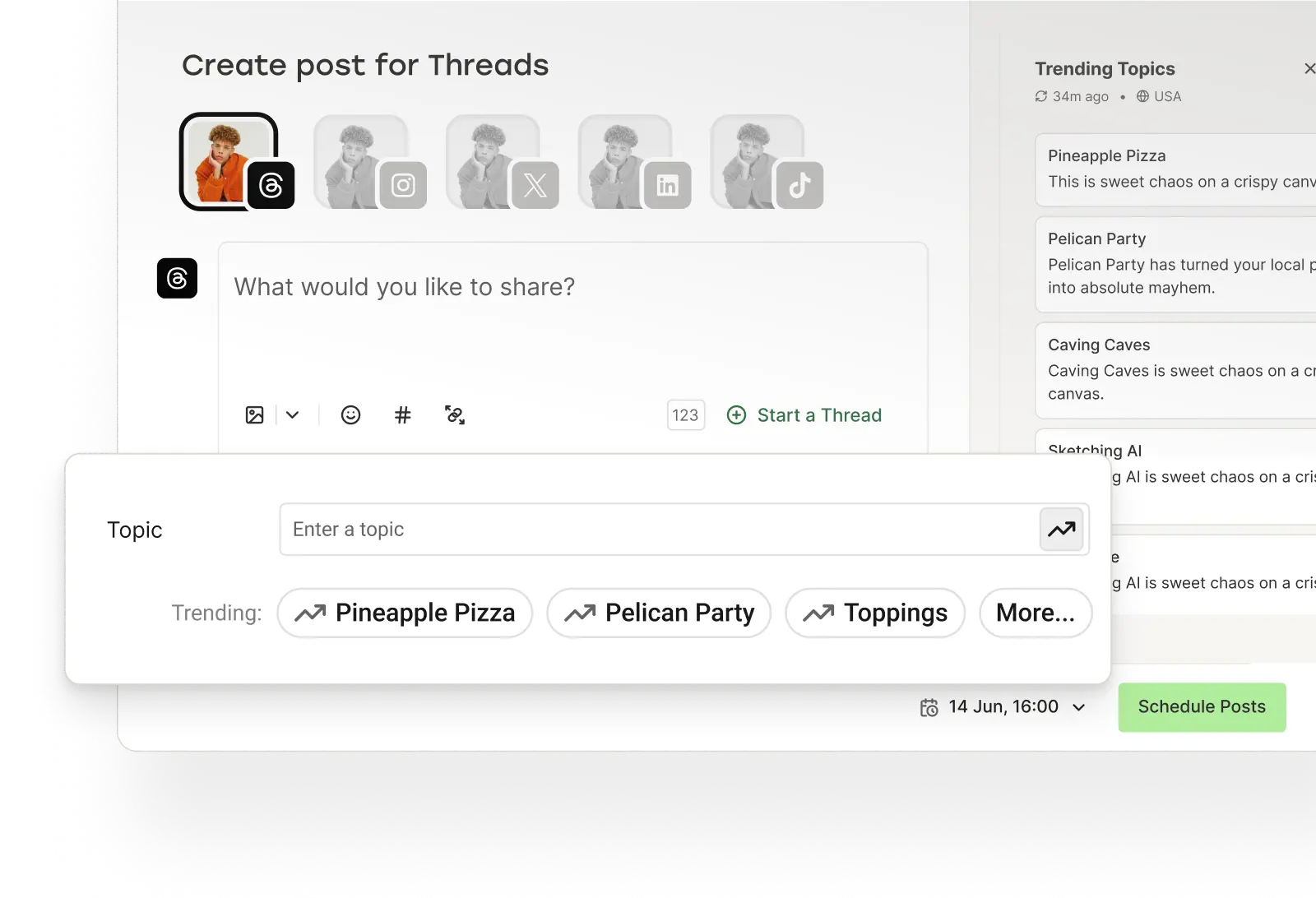 Buffer post-aanmaakweergave met trending Threads-onderwerpen.