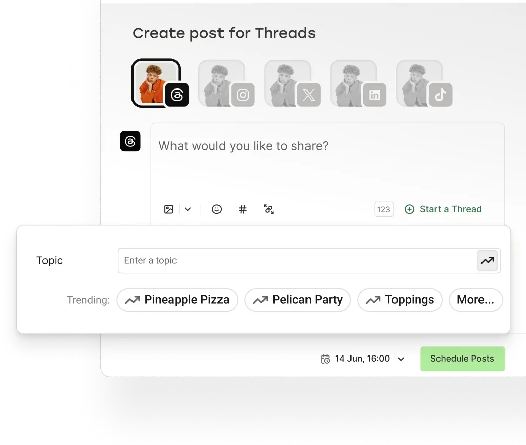 Buffer post-aanmaakweergave met trending Threads-onderwerpen.