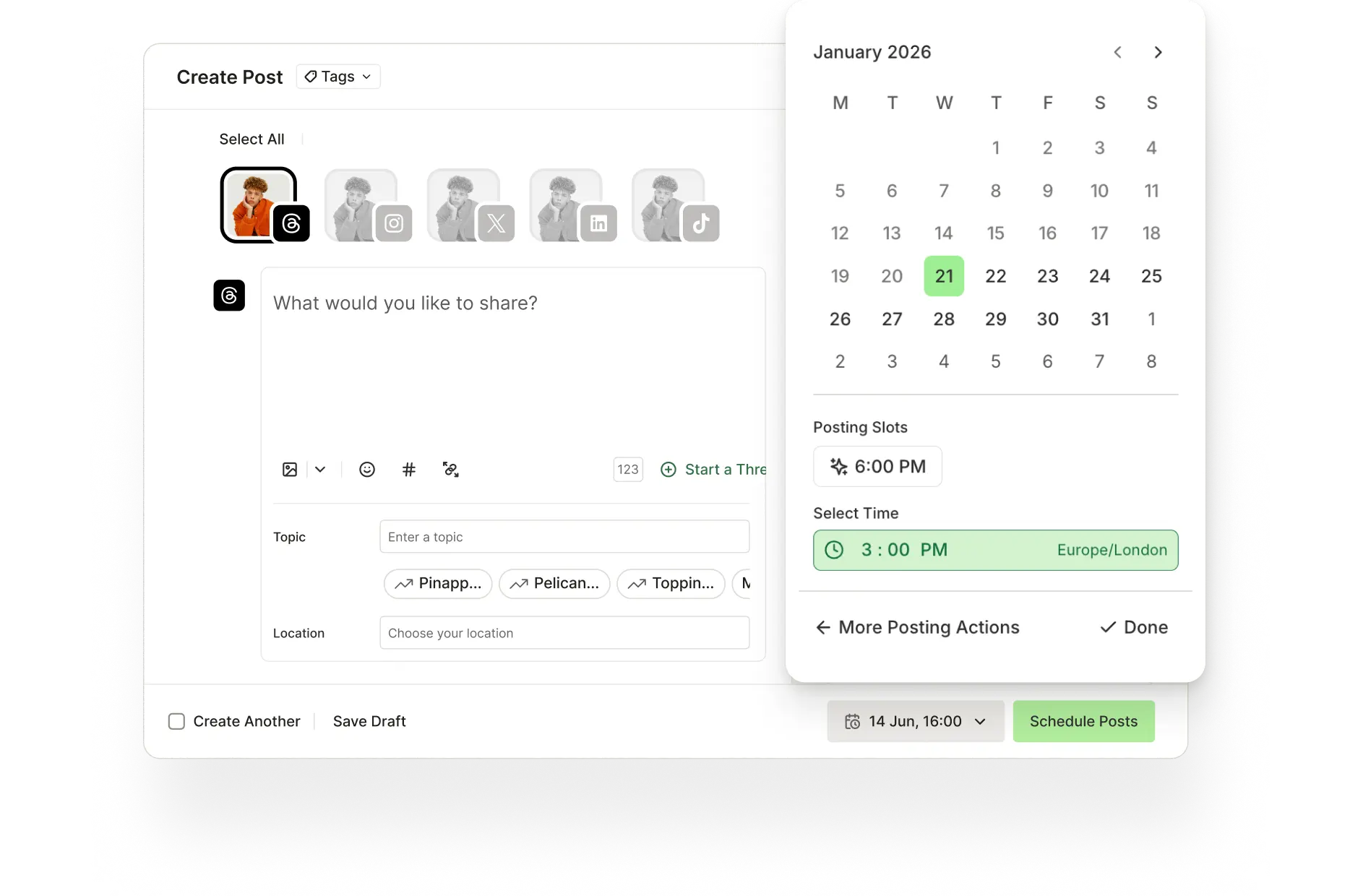 Buffer post-aanmaakweergave met Threads-planningsopties voor tijd en postmomenten.